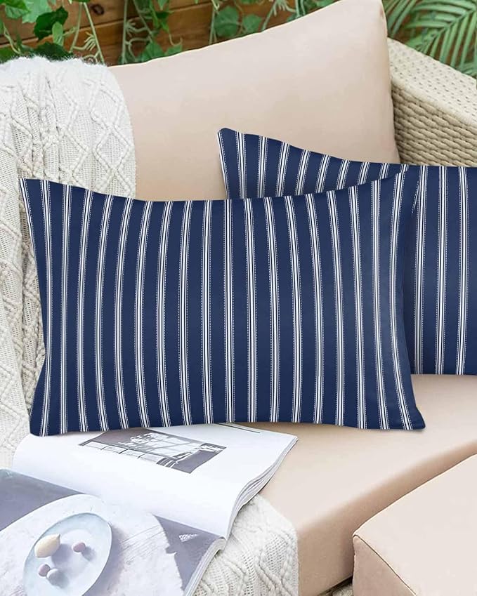 Outdoor Waterproof Throw Pillow Covers Set of 2 Navy Blue Stripe Lumbar Pillowcases 20x12 Inches Vertical Striped Patio Decorative Pillows Cushion Case Patio Pillows for Couch Bed Chair Garden