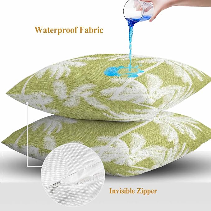 Outdoor Pillow Covers 18x18 Inch Set of 2, Yellow Palm Trees Waterproof Throw Pillow Covers, Farmhouse Tropical Summer Beach Decorative Cushion Pillowcases for Couch, Sofa, Bed, Garden, Patio
