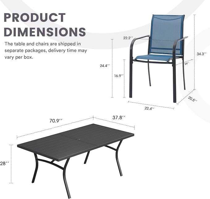 9 Pieces Patio Dining Set, 71" Rectangular Dining Table with Umbrella Hole, 8 Stackable Textilene Fabric Chairs, Metal Structure for Patio, Porch, Garden(Black Table, Blue Chair)