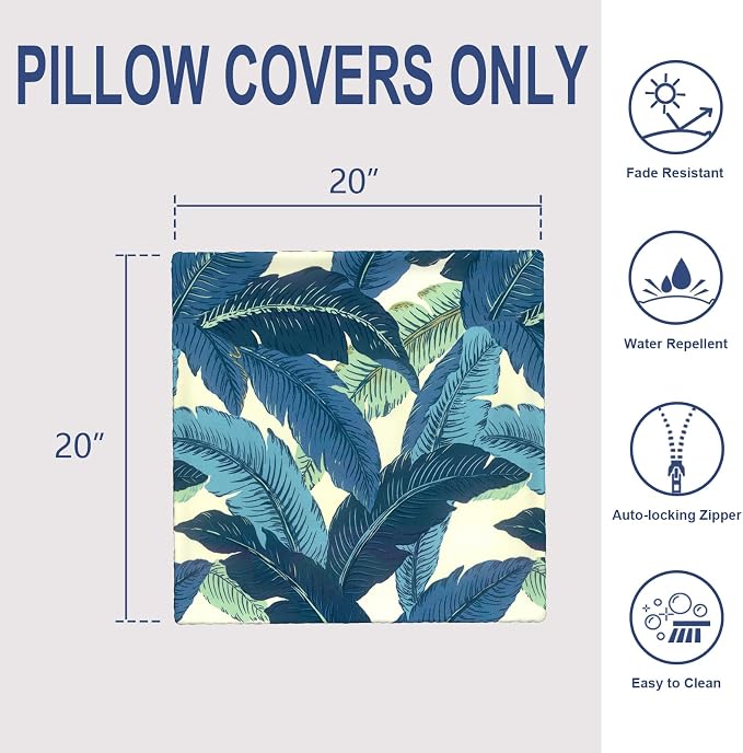 Pack of 2 Patio Throw Pillow Covers ONLY, Water Repellent Cushion Cases 20x20 Inch, Square Pillowcases for Outdoor Couch Decoration, Swaying Palms Blue
