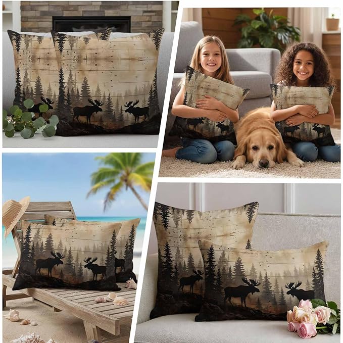 Nature Landscape Outdoor Waterproof Pillow Covers Pack of 2, Rustic Moose Forest Pine Silhouettes Wildlife Throw Pillowcases Decorative Cushion Covers for Garden Patio Tent Sofa Couch, 26x26 inch