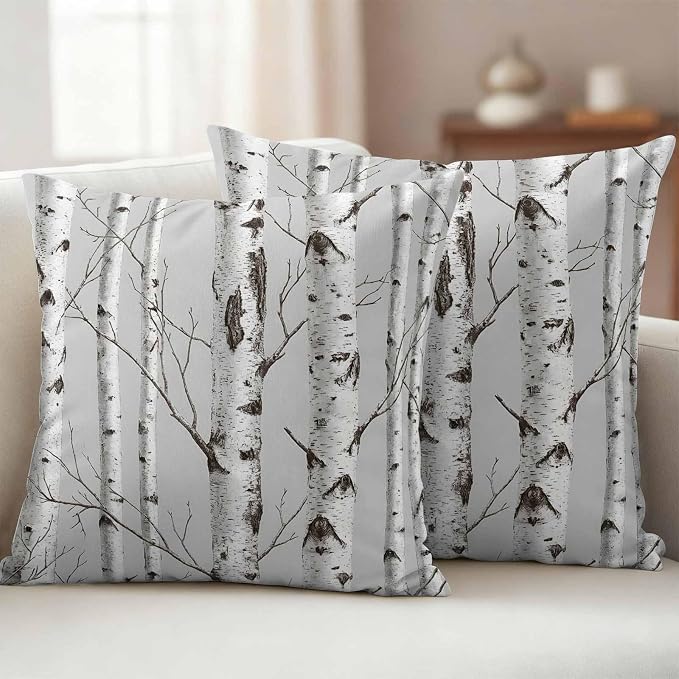 Nature Birch Trees Outdoor Waterproof Pillow Covers Pack of 2, Modern Gray Modern Tree Bark Texture Forest Throw Pillowcases Decorative Cushion Covers for Garden Patio Tent Sofa Couch, 26x26 inch