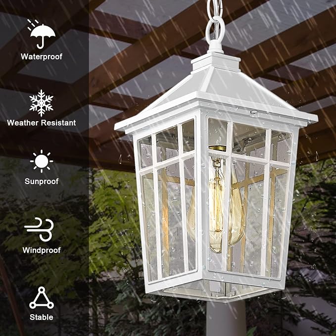 Darkaway Outdoor Pendant Light Fixture, Outdoor Hanging Light Porch Lights Fixtures Anti-Rust Waterproof Aluminum with Seeded Glass for Porch Entryway Doorway Farmhouse White