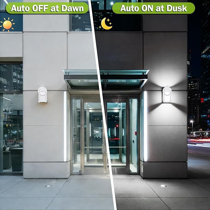 Outdoor Wall Light Fixture Dusk to Dawn, Rustproof Aluminum, LED | Exterior Porch Light Wall Sconce Lantern for House, Patio, Garage, Waterproof, Glass, 9.5W 800 Lumen, 5000K, White, 2 Pack