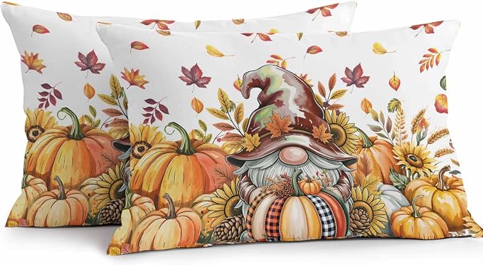 Fall Gnomes Outdoor Waterproof Pillow Covers, Thanksgiving Pumpkins Leaf Sunflowers Farm Decorative Rectangle Throw Pillowcase Sofa Cushion Sham for Patio/Couch/Chair, 20"x12" 2 Pack