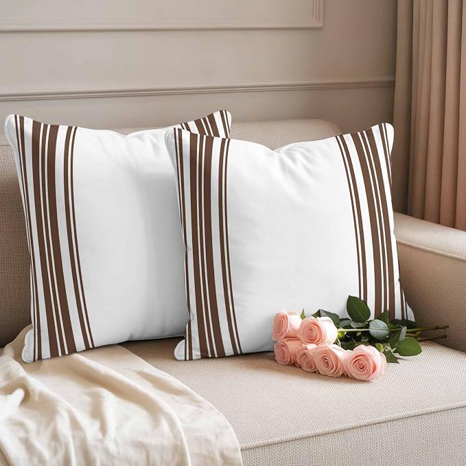 Outdoor Waterproof Throw Pillow Covers Set of 2 Brown Stripes Pillowcases 16x16 Inches White Vertical Striped Decorative Pillows Cushion Case Patio Pillows for Couch Bed Chair Garden