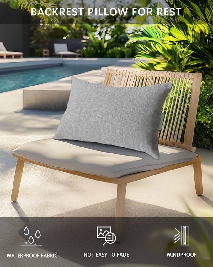 Pack of 2 Outdoor Lumbar Pillow Covers 11x16 Inch, Grey Burlap Texture Waterproof Throw Pillow Covers Set, Farmhouse Vintage Gray Indoor&Outdoor Decorative Cushion Cases for Patio Porch Beach