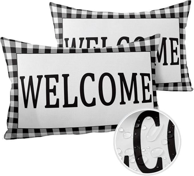 Outdoor Waterproof Pillow Covers for Patio Furniture Black Buffalo Check Plaid Decorative Throw Pillow Cover Welcome Pillowcases Set of 2 Cushion Case for Sofa Couch Chair Home Decor 20x12 inch