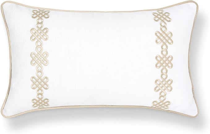 Hofdeco Premium Coastal Hampton Patio Indoor Outdoor Lumbar Pillow Cover Only, 12"x20" Water Repellent for Backyard, Couch, Poolside, Sand Beige Embroidered Chinoise Lucky Knots
