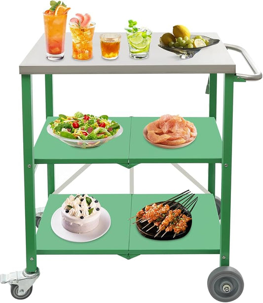 Foldable Outdoor Grill Table with 2 Total Lock Casters, Stainless Steel Pizza Oven Stand, 3 Shelf Folding Kitchen Island, Green, 27.6 x 18.5 (Silver, Green)