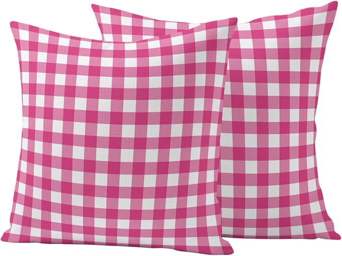 Hot Pink Checks Outdoor Pillow Covers 20"x20" Set of 2, Gingham Plaid Abstract Modern Minimalist Waterproof Throw Pillow Covers for Patio Furniture, Decorative Cushion Covers for Porch