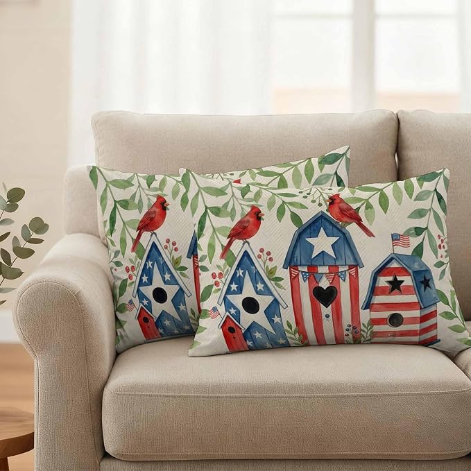 American Flag Bird House Outdoor Pillow Covers Waterproof, All Weather Cushion Case Set of 2, Green Eucalyptus Beige 250th Lumbar Pillowcase for Sofa Couch Bed Decor Patio Furniture 20"x12"