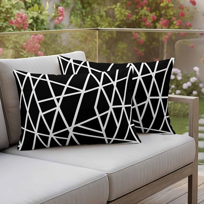 Outdoor Pillow Covers Waterproof, Black Geometric Decorative Rectangle Throw Pillowcases Patio Cushion Covers for Tent/Garden, 20" x 12" 2 Pack, Abstract Stripes Modern Simple