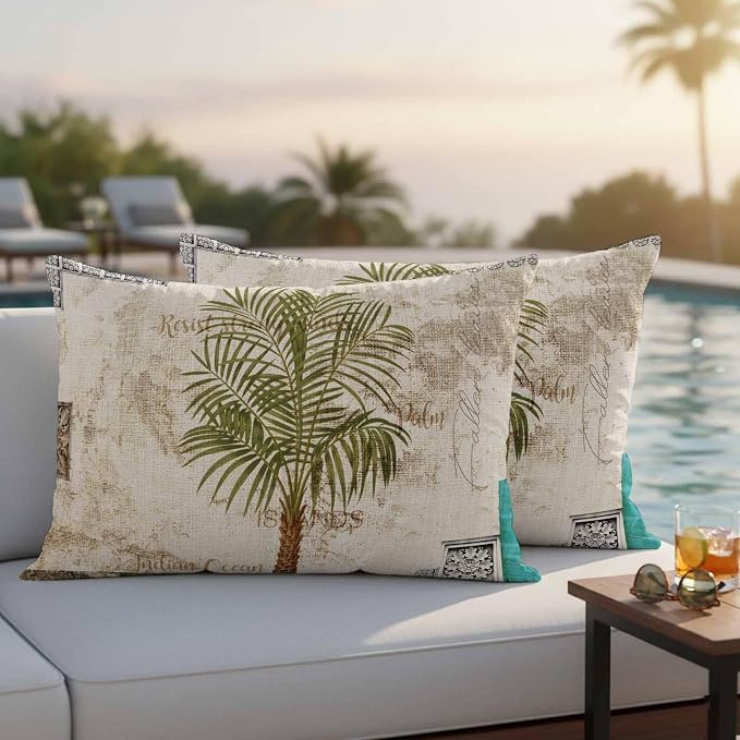Vintage Palm Trees Waterproof Outdoor Pillow Covers 20''x12'' Set of 2, Beige Burlap Patio Furniture Summer Botanical Cushion Covers for Chairs, Decorative Tropical Pillow Cases for Garden/Pool/Beach