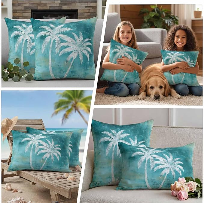 Coastal Beach Tree Teal Outdoor Waterproof Pillow Covers, Tropical Botanical Decorative Square Throw Pillowcase, Palm Tree Vintage Sofa Cushion Sham for Patio/Couch/Chair, 18"x18" 2 Pack
