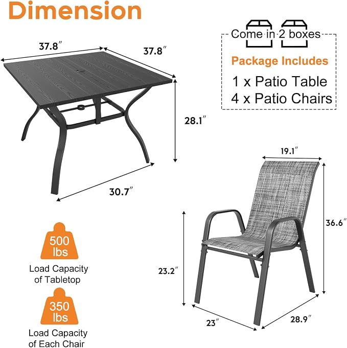 Outdoor Patio Dining Set for 4, 5 Pieces Patio Table and Chairs Set with Umbrella Hole, 37.8"x 37.8" Square Metal Wood-Grain Dining Table Set with 4 Stackable Patio Chairs for Deck , Backyard, Porch