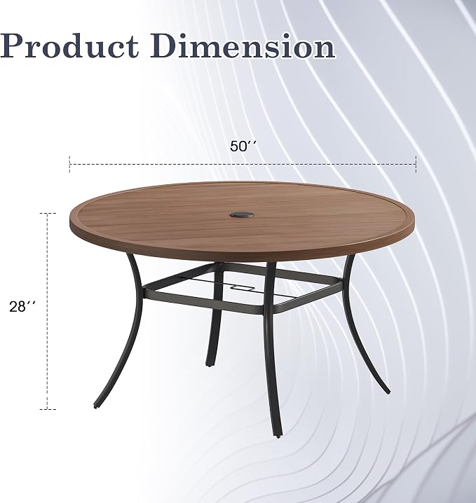 Outdoor Dining Table for 6, 50" Round Outdoor Table with Adjustable Umbrella Hole, All-Weather Metal Patio Dining Table for Lawn Garden Backyard Deck, Walnut