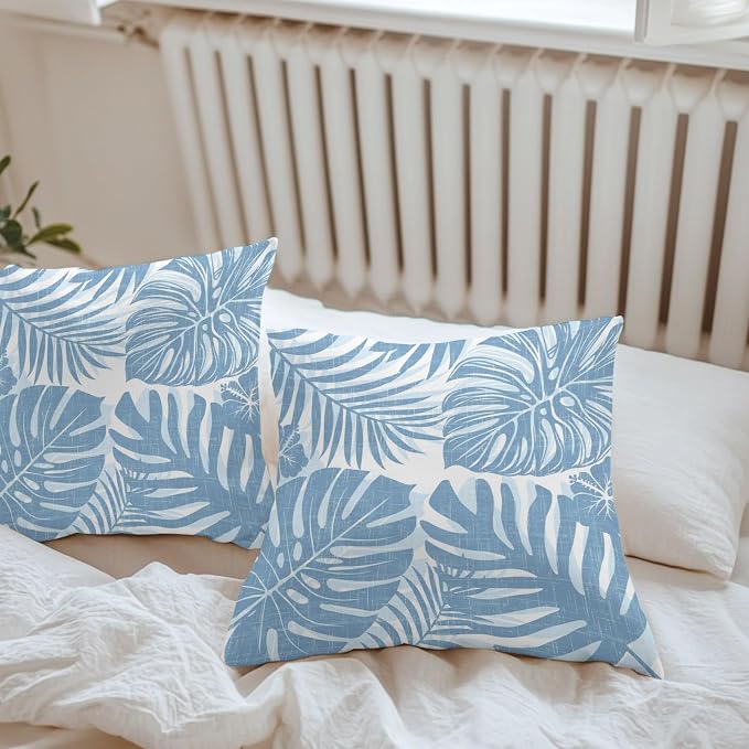Coastal Blue Palm Leaves Outdoor Pillow Covers 18"x18" Set of 2, Tropical Botanical Minimalist Modern Waterproof Throw Pillow Covers for Patio Furniture, Decorative Cushion Covers for Porch