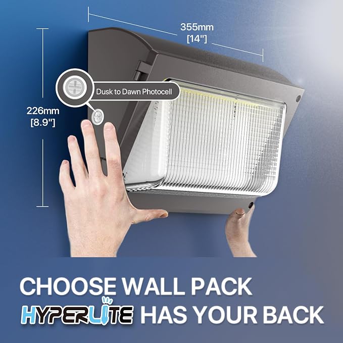 HYPERLITE LED Wall Pack Light 120W 2Packs with Dusk to Dawn Photocell and Glass Lens LED Security Flood Commercial and Industrial Outdoor LED Wall Lights Out Door for House Warehouses UL Listed