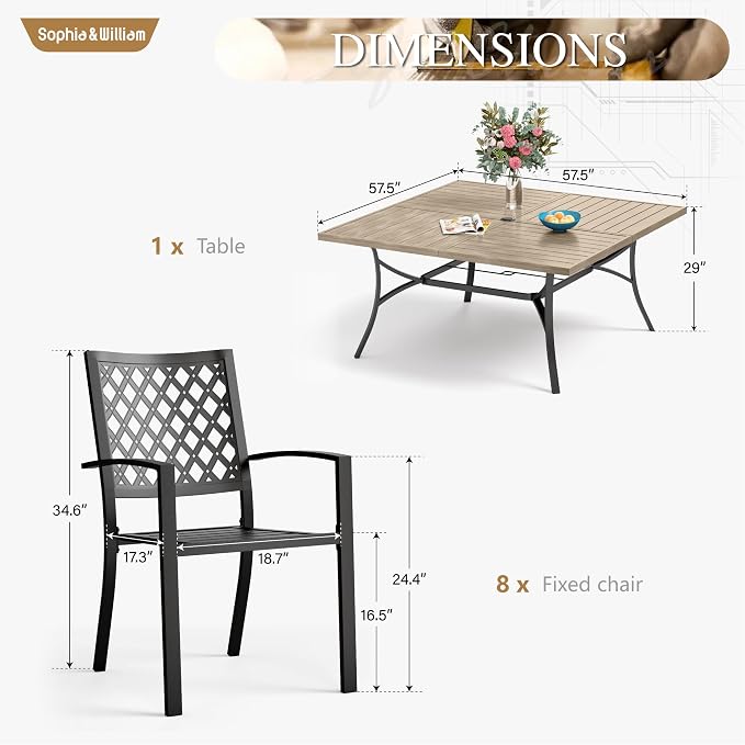 Sophia & William Patio Table and Chairs Set, Outdoor Dining Set for 8, 9 Piece Metal Patio Furniture, 57.5" Square Table with Wood-Like Tabletop(Diamond)