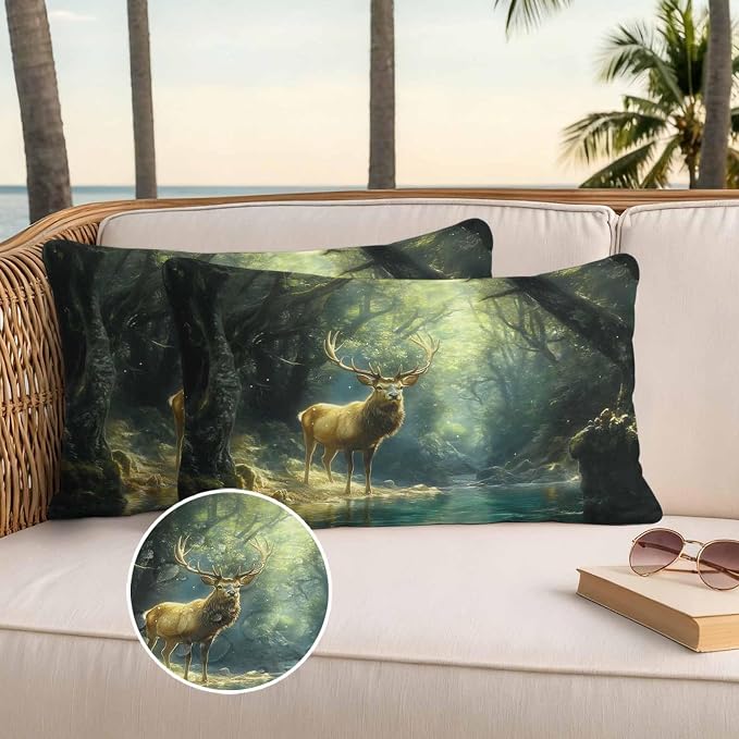 Green Forest Deer Waterproof Outdoor Pillow Covers Set of 2 Home Decor, Fantasy Vintage Nature Scenery Pillowcase Patio Pillow Covers for Couch Bench Furniture Garden 20x12in