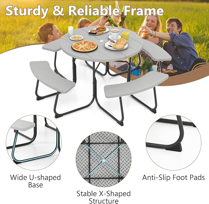 Round Picnic Table for 8 Person, Outside Table Bench Set w/ 4 Built-in Benches, Umbrella Hole, HDPE Top & Metal Frame, 2000LBS Capacity Outdoor Picnic Table for Garden, Porch, Patio (Grey)