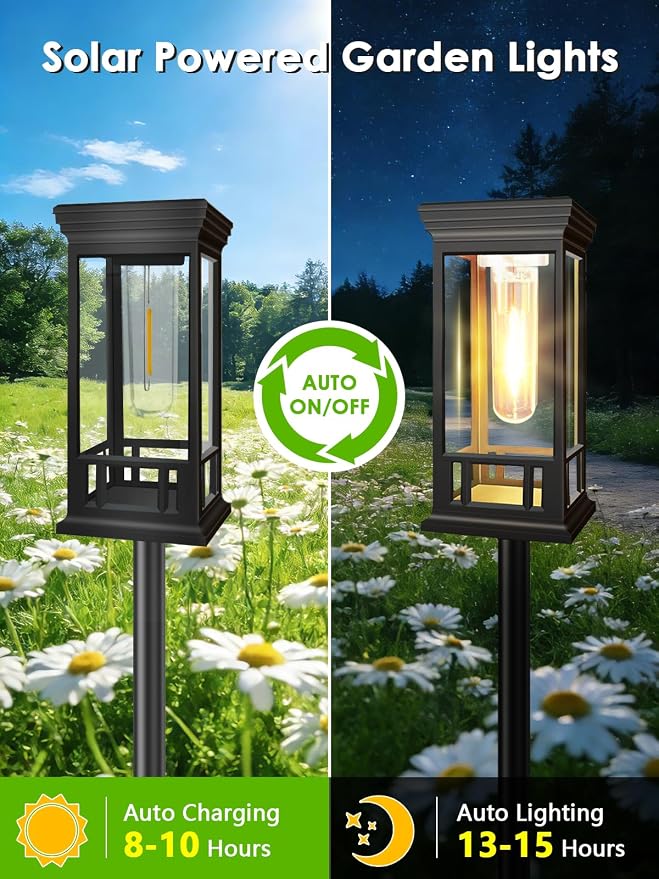 LORRYTE Solar Pathway Lights Outdoor Waterproof, 8 Pack Path Lights | High-performance Solar Panel, Lasts 15hrs, Auto On/Off, Warm White, Solar Powered Garden Light for Walkway Landscape Decor