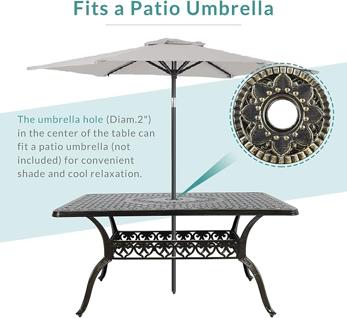 MEETWARM 60"x36" Cast Aluminum Patio Dining Table, Weather-Resistant Outdoor Dining Table for 6-8 Person, Patio Furniture Rectangular Table with Umbrella Hole and Adjustable Foot Pads, Dark Bronze