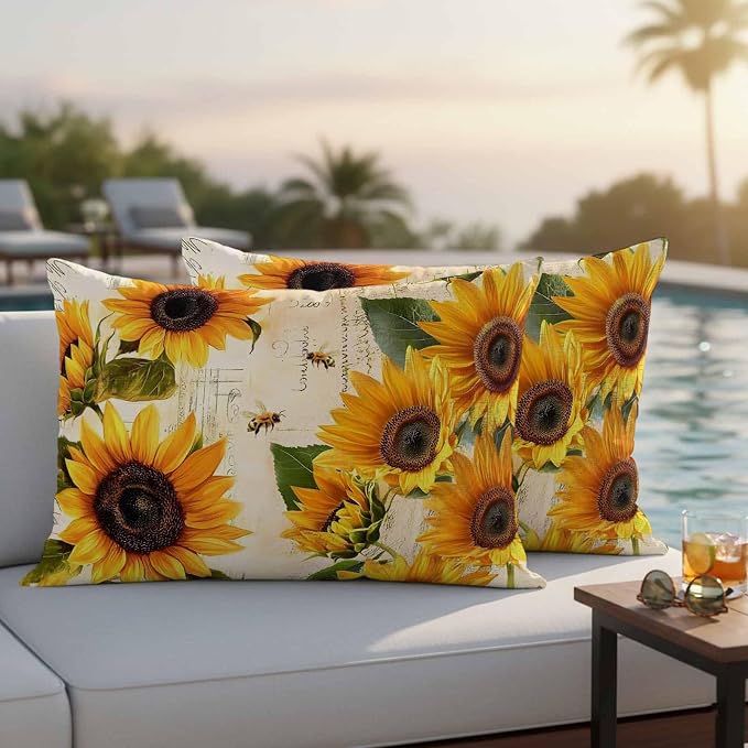 Lumbar Pillow Covers 20x12 Inch Set of 2, Yellow Sunflowers Waterproof Outdoor Cushion Covers, Country Vintage Botanical Floral Decorative Pillowcases for Couch, Sofa, Bed, Garden, Patio