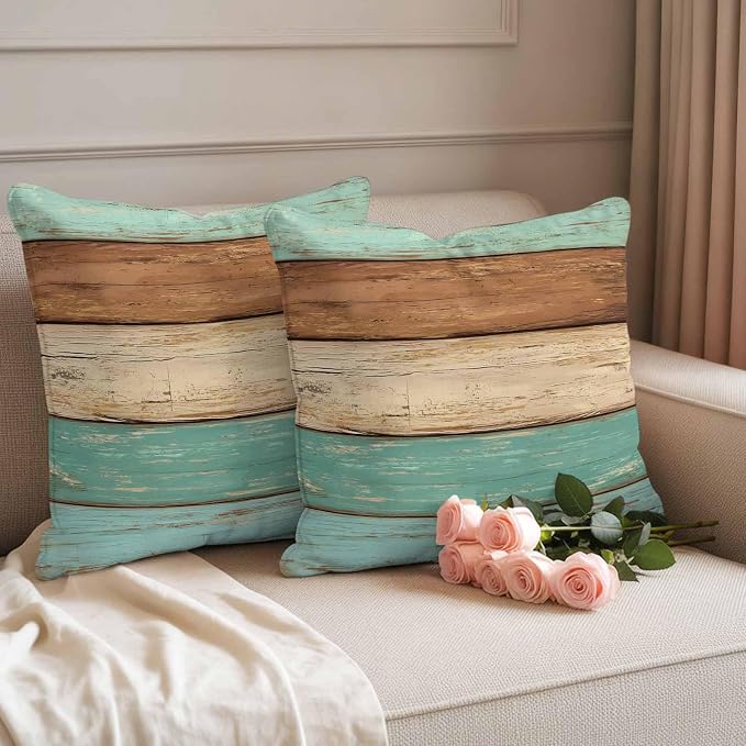 Farmhouse Teal Blue Brown Outdoor Waterproof Pillow Covers, Vintage Wooden Striped Decorative Square Throw Pillowcase Sofa Cushion Sham for Patio/Couch/Chair, 20"x20" 2 Pack