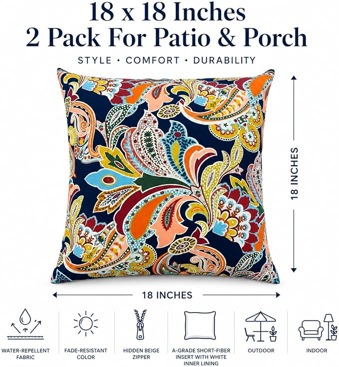 Outdoor/Indoor Decorative Throw Pillows 18×18 Inch | Pack of 2 Waterproof Decorative Throw Pillows with Inserts, Square Pillows for Bed, Couch, Sofa and Patio Furniture