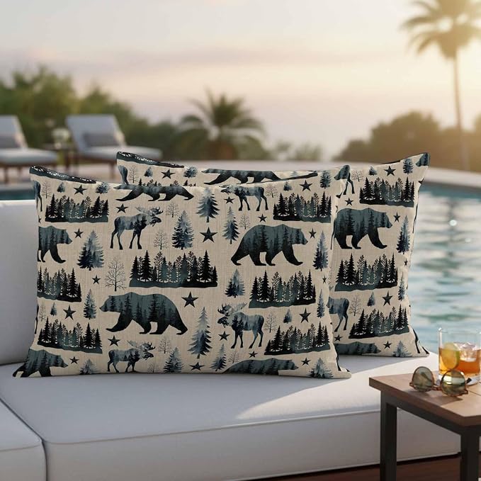Vintage Bear Elk Cabin Outdoor Pillow Covers 20x12 Inch Lumbar Pillow Covers Set of 2 Waterproof Decorative Throw Pillow Cases Farmhousee Pine Tree Rustic Cushion Covers for Patio Furniture Garden