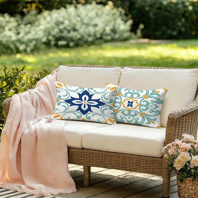 Outdoor Waterproof Throw Pillow Covers 12x20 Set of 4 Floral Boho Decorative Cushion Cases for Patio Furniture Garden Porch Bench Couch Sunbrella