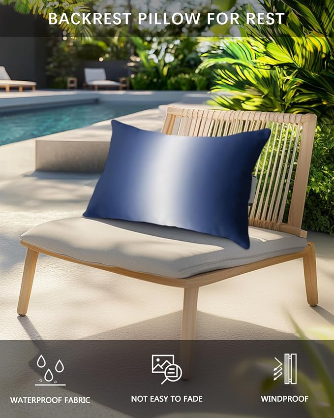 Pack of 2 Outdoor Lumbar Pillow Covers 12x20 Inch, Navy Blue Ombre Waterproof Throw Pillow Covers Set, Aesthetics Modern Abstract Art Gradient Decorative Cushion Cases for Patio Porch Car