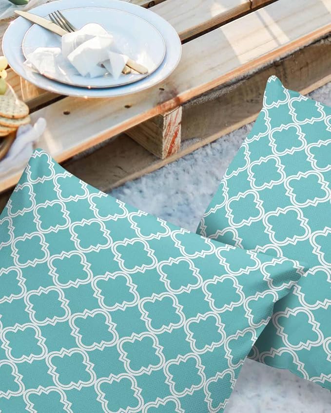 Outdoor Waterproof Pillow Covers for Patio Moroccan Pattern Decorative Throw Pillow Cover Geometric Trellis Cyan Blue Pillowcases Set of 2 Cushion Case for Sofa Couch Chair Home Decor 16x16 inch
