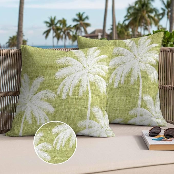 Outdoor Pillow Covers 20x20 Inch Set of 2, Yellow Palm Trees Waterproof Throw Pillow Covers, Farmhouse Tropical Summer Beach Decorative Cushion Pillowcases for Couch, Sofa, Bed, Garden, Patio