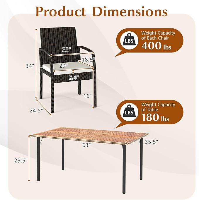 HAPPYGRILL 7-Piece Patio Dining Set Outdoor Rattan Wicker Furniture Set with Umbrella Hole, Steel Frame, Acacia Wood Tabletop & Removable Cushions, for Backyard, Porch, Garden