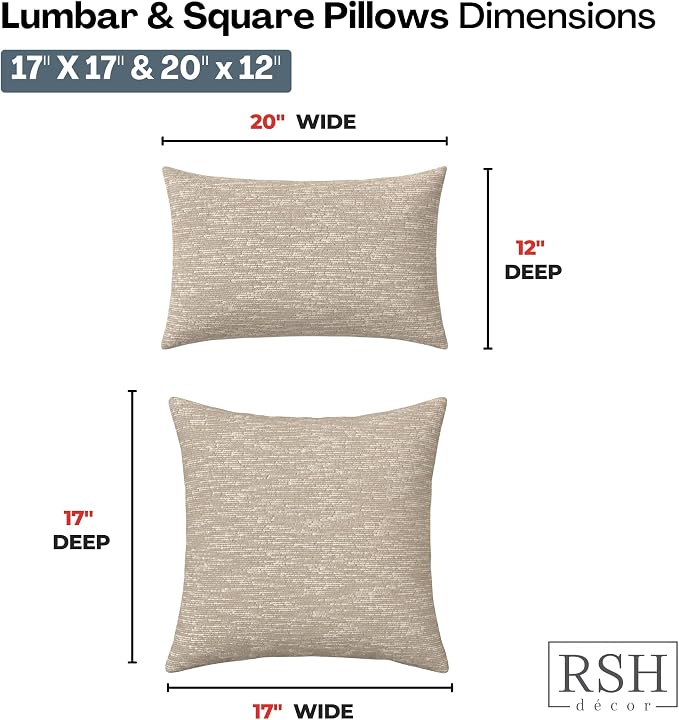 RSH DECOR: Sunbrella Lumbar & Square Pillows Set of 4 | 20" x 12" & 17" x 17" | Water and Fade-Resistant Fabric | Outdoor Throw Pillows for Patio Furniture | Made in USA (Soft Cloud Chenille Burlap)