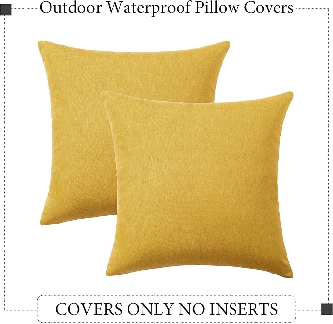 Outdoor Waterproof Throw Pillow Covers Yellow 16x16 Set of 2 | Decorative Farmhouse Linen Pillowcases Solid Cushion Cases for Patio Tent Balcony Couch Sofa Living Room