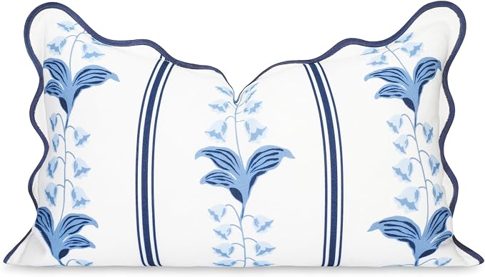 Hofdeco Premium Coastal Hampton Patio Indoor Outdoor Lumbar Pillow Cover Only, 12"x20" Water Repellent for Backyard, Couch, Poolside, Azure Navy Blue Print Watercolor Striped Lily of the Valley