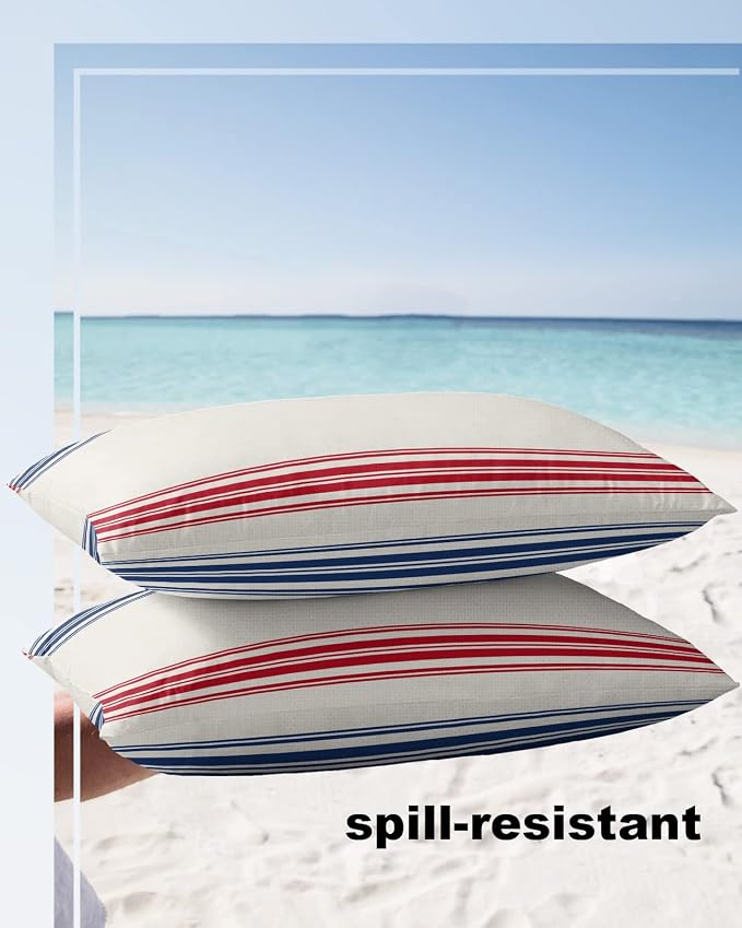 Outdoor Waterproof Pillow Covers Set of 2, Independence Day Flag Day Blue Red Stripe Vintage Patio Throw Pillow Covers, Decorative Cushion Case for Couch Sofa Furniture Garden, 20x12 Inch