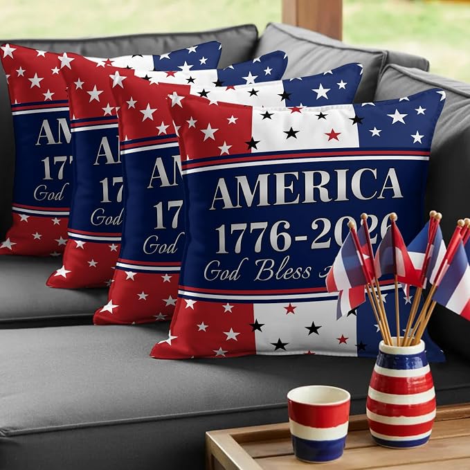 America 250th Anniversary Outdoor Pillow Covers 18"x18" Set of 2, God Bless America Patriotic Star Strip Waterproof Throw Pillow Covers for Patio Furniture, Decorative Cushion Covers for Porch