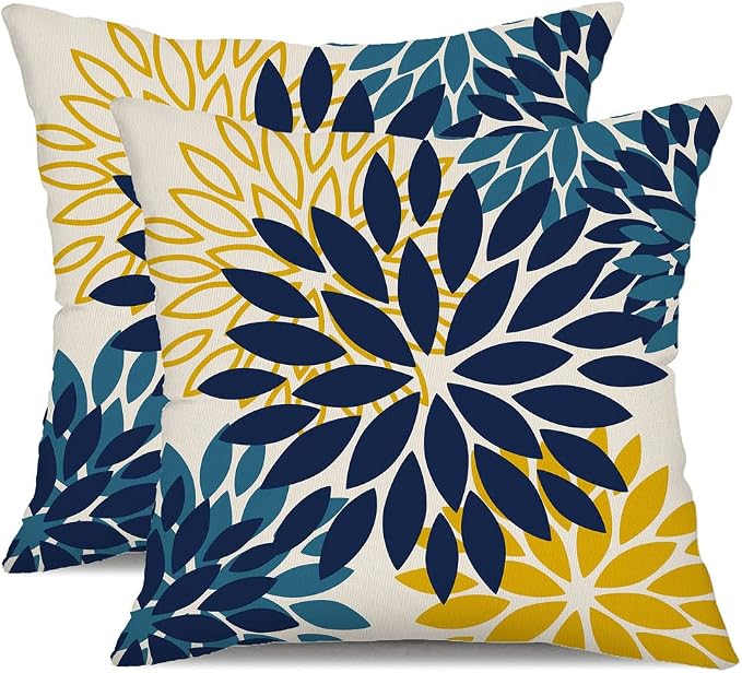 DFXSZ Outdoor Waterproof Pillow Covers 18x18 Set of 2 BlueYellow Flower | Spring Summer Waterproof Flower Throw Pillowcases（No Inserts）Outdoor Decor for Patio Funiture Garden Polyester Covers