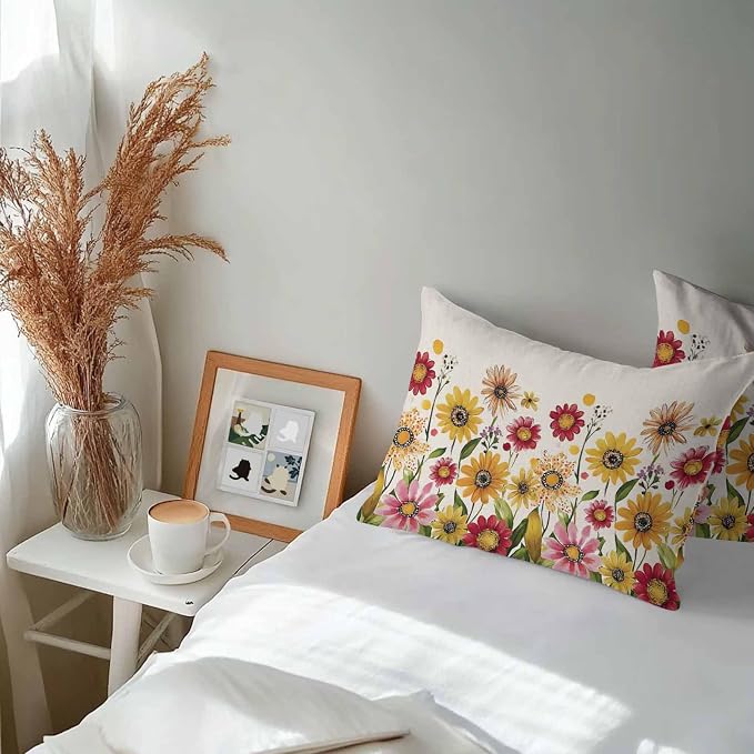Yellow Red Spring Floral Outdoor Waterproof Throw Pillow Covers 20x12 Set of 2, Pastoral Summer Flower Rustic Decorative Pillowcases Cushion Pillowcase for Couch Sofa Patio Outside Pillow Protector