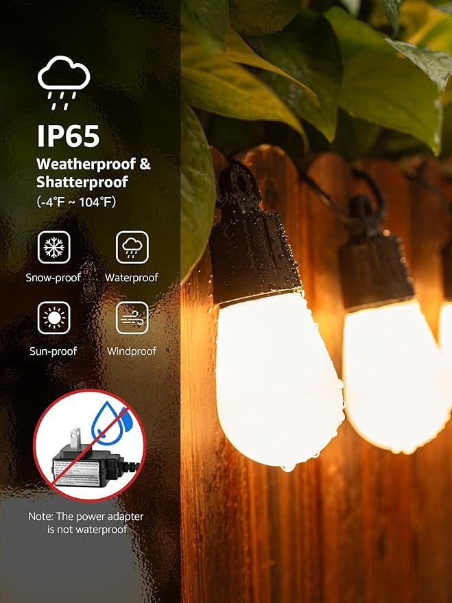 Lepro ZB1 AI Smart Outdoor String Lights, 54(42+12) ft RGB+IC+Warm White Outside Light with 15 Plastic LED Bulbs, Music Sync, Alexa Google Enable, 2.4 GHz WiFi+Bluetooth (APP Control, No Remote)