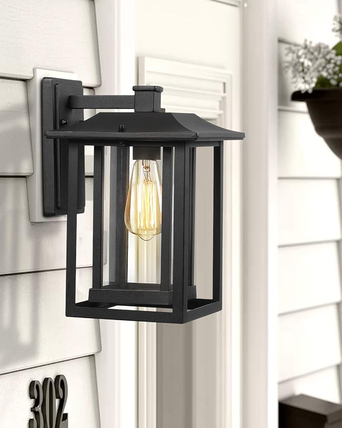 Beionxii Outdoor Light Fixture, Dusk to Dawn Exterior Wall Mount Lantern Outside Lights for House Porch Patio, Black Cast Aluminum w/Clear Glass (13.5" x 9") - A197W-2PK