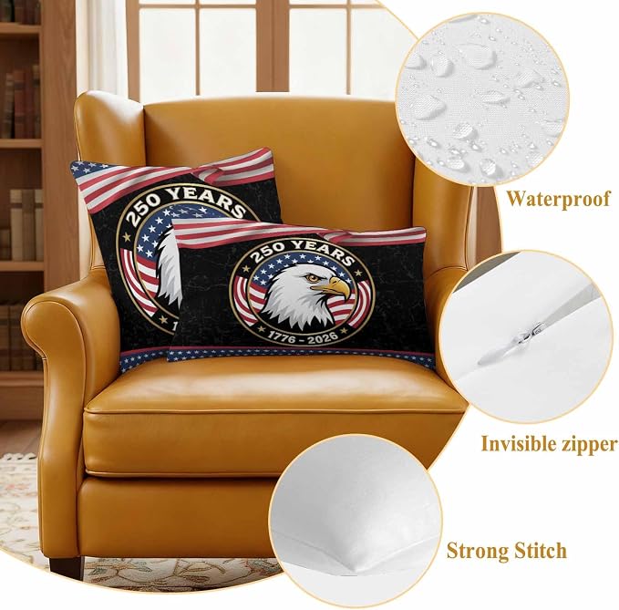 250 Year Anniversary Outdoor Waterproof Throw Pillow Covers 18x18 Set of 2, Independence Day Eagle USA Flag Decorative Pillowcases Cushion Pillowcase for Couch Sofa Patio Outside Pillow Protector