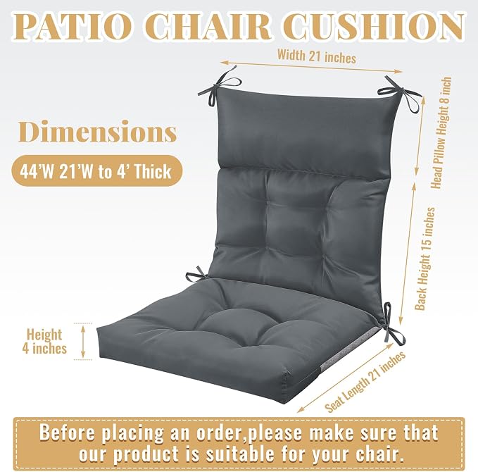 Sintuff 44 x 21 x 4 Patio Chair Cushions Outdoor Chair Cushions Seat/Back Tufted Pillow with Ties All Weather Replacement Indoor Patio Furniture Outdoor Furniture(Dark Grey,4 Pcs)