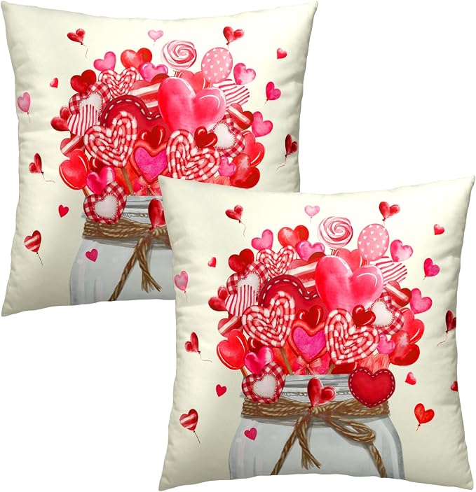 Valentines Day Throw Pillow Covers 16x16, Mason Jar Pink Red Hearts Candies Decorative Pillow Cases Soft Square Cushion Cover for Wedding Anniversary Home Decor Set of 2