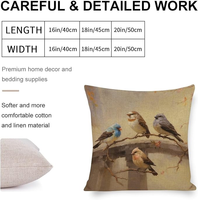 Throw Pillow Cases Colorful Birds are Sitting on A Branch Pillowcase 20"x20" Oil Painting Cute Birds are Standing on The Branch Linen Cushion Case Outdoor Home Decoration for Couch Sofa Bed